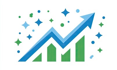 Colorful graphic of an upward arrow overlaying chart bars and sparkling star and dot decorations