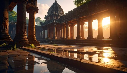 Ancient stone temple with columns reflecting sunlight, set amidst lush greenery. The warm glow creates shadows