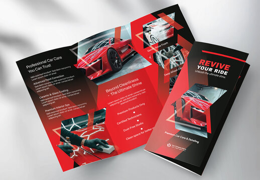Car detailing service promotion concept : Modern tri-fold brochure template for automotive business