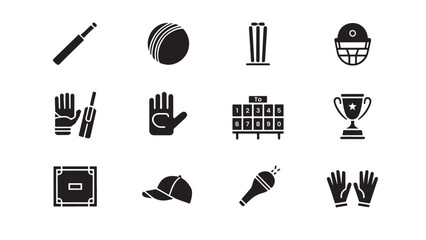Cricket sports icon collection featuring cricket bat, ball, wickets, helmet, gloves, batsman pad, scoreboard, championship trophy, pitch ground, cap, bail, and wicket-keeper gloves for sports designs.