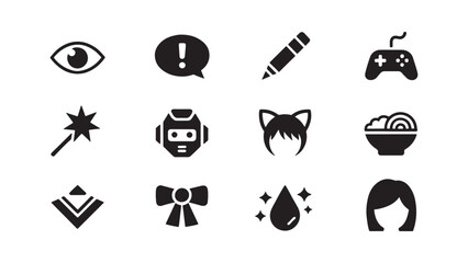 Anime and pop culture icon set featuring eye, speech bubble, pen, game controller, magic wand, mecha head, cat ears, ramen bowl, rank chevron, ribbon bow, tear drops, and bob hairstyle wig.