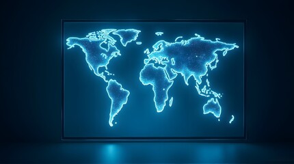 Vibrant Cyan Glow World Map on Dark Screen, Digital Global Network Concept