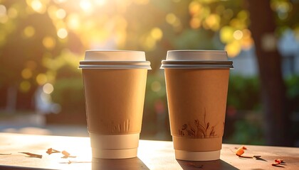 Two disposable takeaway cups with lids sit on a table, bathed in warm sunlight. The background is a blurred bokeh of green and yellow