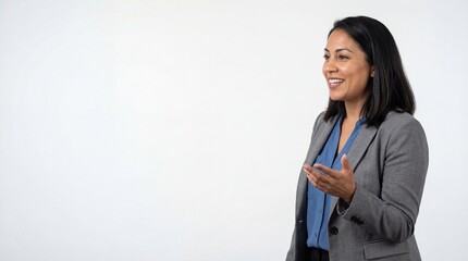 Stock photo, Diverse group community leader sharing ideas in white background, minimalist layout, subject placed on right third, clean empty negative space on left, solid background color, no visual c