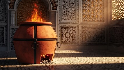 A fiery clay urn illuminates an ancient, ornate chamber. Sunlight streams through intricate patterns, casting dramatic shadows and creating a mystical, warm ambiance
