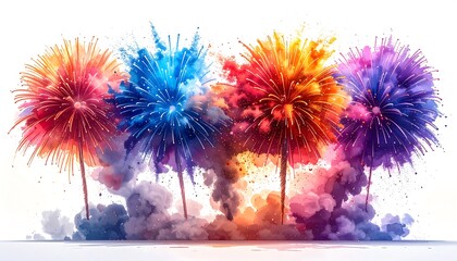 A vibrant watercolor-style image of a fireworks display. Clusters of colorful explosions with trails and smoke