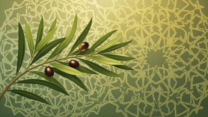 An Olive Branch with Olives and a Decorative Geometric Pattern
