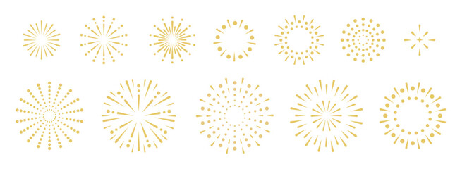 Set of holiday golden firework explosion isolated on white background. Independence Day or  New Year celebration. Traditional festival or event. Vector illustration