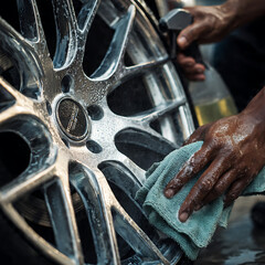 Close up of man's hands spraying rims with rim detergent and cleaning it with rag.	
