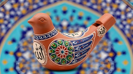 Exquisite handcrafted terracotta bird whistle featuring vibrant traditional patterns and elegant calligraphy, set against a beautifully blurred mosaic background