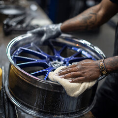 Close up of man's hands spraying rims with rim detergent and cleaning it with rag.	
