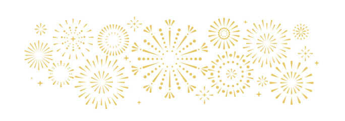 Set of holiday golden firework explosion isolated on white background. Independence Day or  New Year celebration. Traditional festival or event. Vector illustration