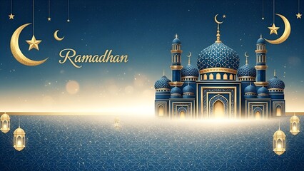 Elegant Ramadan greeting with a majestic mosque, golden crescent moons, and sparkling stars against a deep blue sky, perfect for Islamic festive celebrations