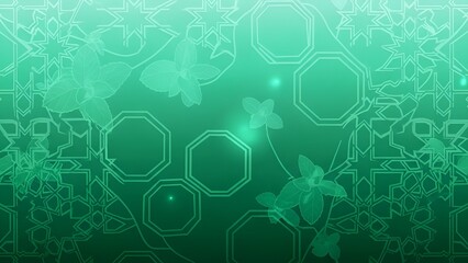 Dynamic teal and emerald gradient background adorned with intricate geometric octagons, graceful butterfly silhouettes, and delicate botanical patterns, creating a serene digital tapestry