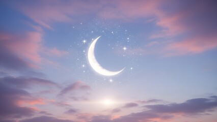 Serene Crescent Moon and Stars in a Softly Lit, Dreamy Sky with Wispy Clouds