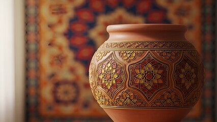Richly decorated handcrafted clay pot, featuring elaborate mosaic-like motifs in warm hues, reflecting ancient artistry and elegant design, set against a complementing cultural fabric