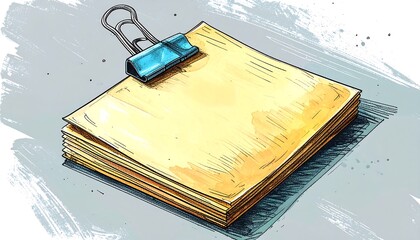 Illustration of a stack of yellow notepads secured by a binder clip, rendered with a sketch-like aesthetic