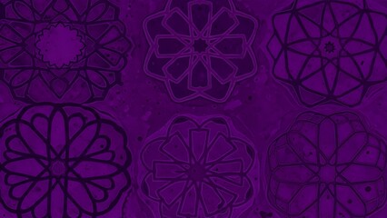 Intricate deep purple geometric patterns creating an abstract ornamental background, with repeating decorative mandalas offering a sophisticated and artistic design texture