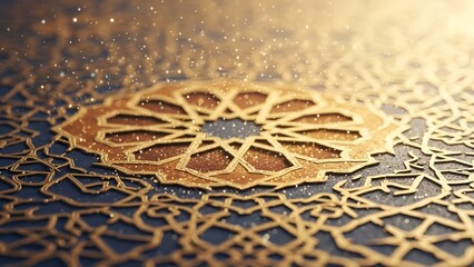 Intricate Gold Islamic Geometric Pattern on Dark Textured Surface with Sparkling Particles