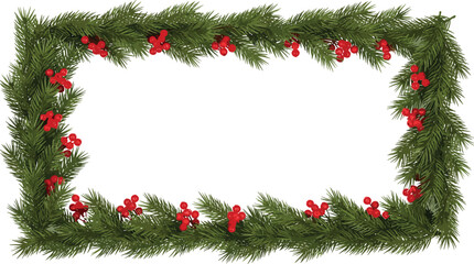 Christmas frame vector, pine branch border, red berry decoration, festive holiday design, seasonal artwork, greeting card illustration © Dilip