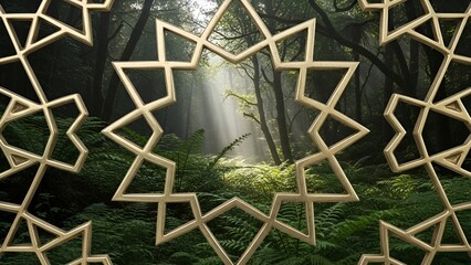 Intricate golden geometric star pattern elegantly frames a serene sunlit forest, blending abstract design with nature's tranquil beauty and mystical light