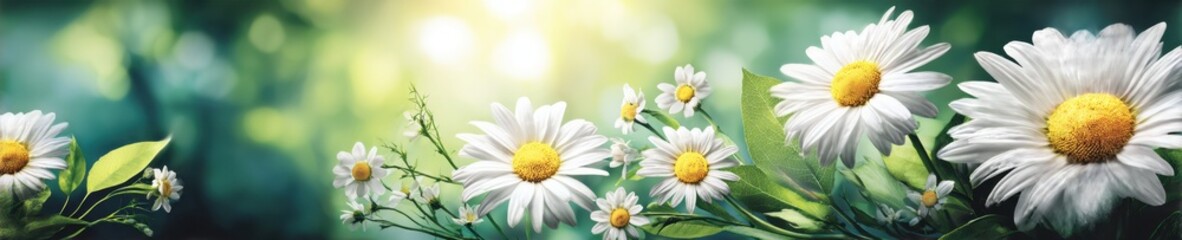 Fototapeta premium Close-up of vibrant daisies in a green garden with soft sunlight