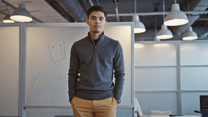 Young businessman in suit standing at workplace, young man standing calmly in modern office