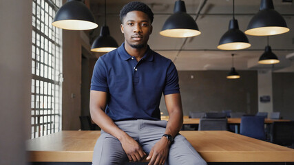 Young man in stylish casual clothes standing in front of shelves inside office.