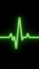 Neon green heartbeat line, medical electrocardiogram on black background