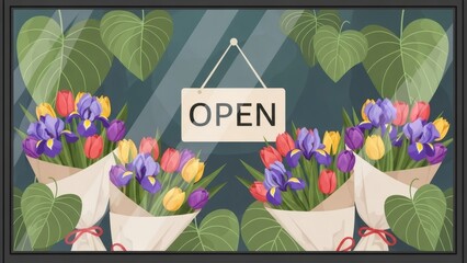 Valentine's Day 2026 Sustainable Flower Shop Concept. Modern Florist Boutique with Eco-friendly Bouquets, Tulips and Irises. Vector Illustration.