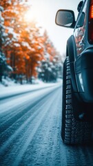 Car tire on snowy road in winter forest with sunlight, winter driving conditions