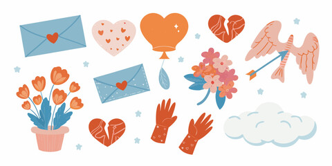 Fototapeta premium Romantic illustrations depicting love letters hearts flowers and a flying bird