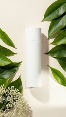 White cosmetic bottle with green leaves and white flowers, natural beauty product