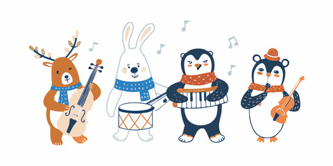 Fototapeta premium Charming animal musicians playing instruments in a delightful winter scene