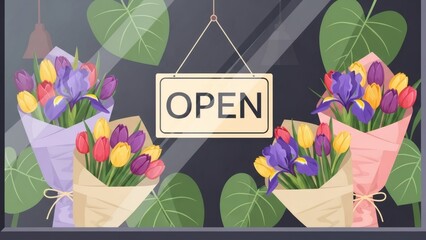 Valentine's Day 2026 Sustainable Flower Shop Concept. Modern Florist Boutique with Eco-friendly Bouquets, Tulips and Irises. Vector Illustration.