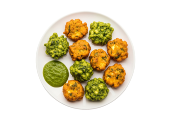 colorful pakora bites with green chutney on plate