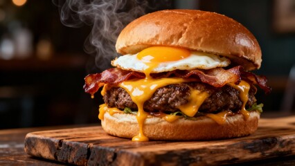hamburger on a wooden table