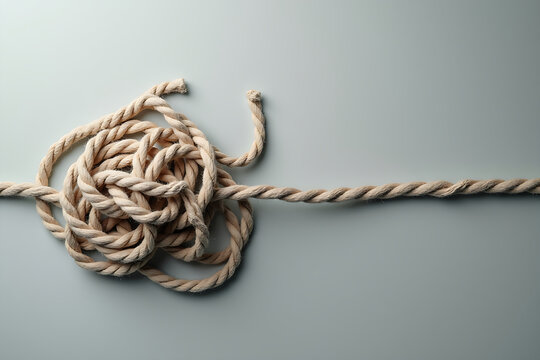 Tangled rope knot on gray background with copy space