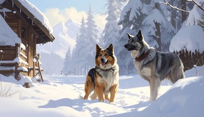 Two dogs stand in a snowy forest scene near a wooden cabin. Mountains and trees form the backdrop on a sunny day