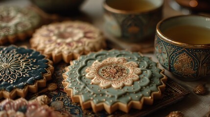 Decorative Cookies with Intricate Patterns and Tea in Background