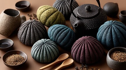 Colorful Textured Desserts with Tea Set on Earthy Background