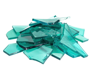 Teal glass shards, pile of irregular shapes