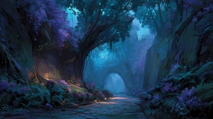 Enchanted Forest Pathway with Vibrant Flora and Mystical Light