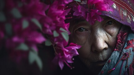 Elderly Woman with Flowering Bougainvillea in Colorful Headscarf