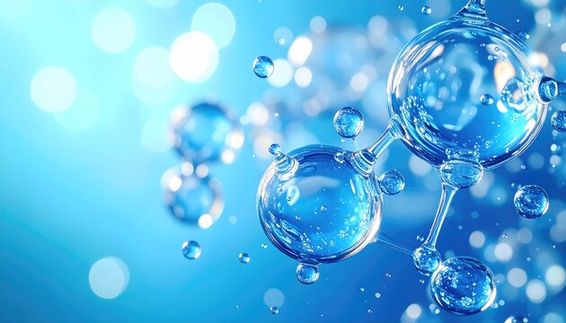 Abstract blue molecular structure with sparkling water droplets and bokeh lights in scientific background