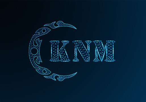 Low poly letter logo KNM design. KNM letter logo low poly vector design on blue color gradient background. KNM logo low poly design