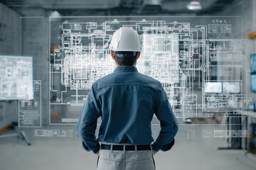 Engineer analyzes virtual schematics in a modern workspace during daylight hours