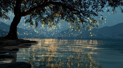 Tranquil Night Scene with Illuminated Tree and Reflective Water Surface