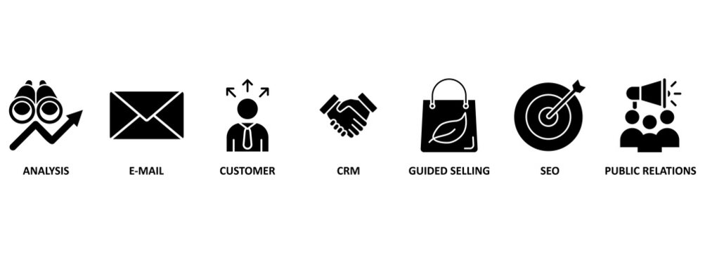 Banner of inbound marketing web vector illustration concept with icons of analysis, email, customer, crm, guided selling, seo, public relations
