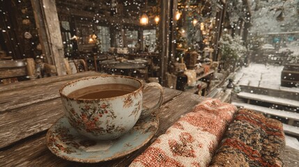 Warm Coffee on Rustic Table in Cozy Cafe with Snowfall Outside